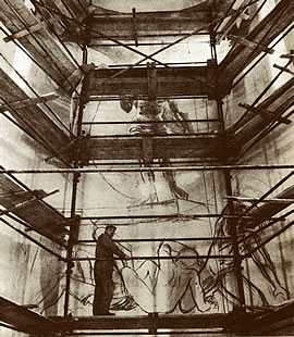 artist on the scaffolding beginng the painting of the resurrection