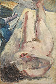 nudo, donna distesa con libri, olio su tela