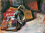 still life with magazines and a book by Eugene O Neil
