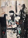 Nature morte avec tubes et vases de peinture, eglise à l'arrière-plan