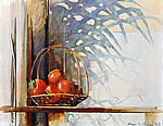 still life with persimmons, basket and plant shadow