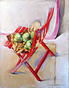 chaise rouge et poires vertes