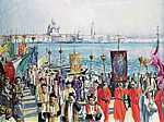 procession on the bridge on the lagoon
