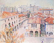 veduta di via palazzo con la Torre di Mestre, olio su tela