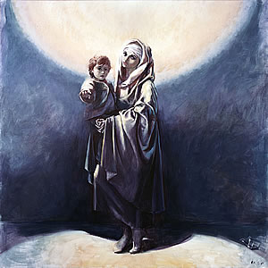 Mary standing and carrying Jesus Child, painting