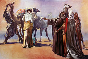 rebekah, isaac and the servants with camels, painting
