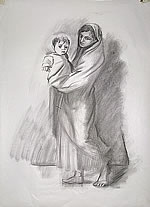 Mary standing and carrying Jesus Child, drawing study