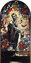 saint joseph and the christ child on a depicted stained glass background
