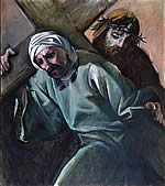 Simon of Cyrene helps Jesus carry the cross